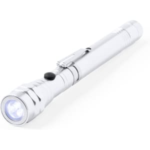 A silver pocket torch with a clip and a push button switch, featuring a bright LED light at the front.