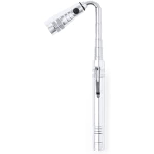 A sleek silver torch with a flexible neck and a built-in clip for easy attachment. It features a logo on the body.