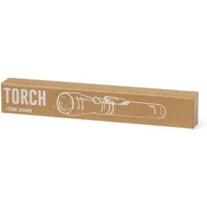 A rectangular cardboard box containing a torch, illustrated with a simple line drawing, featuring a branding logo.