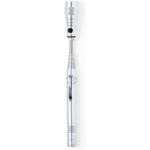 A silver torch keyring with a sleek design, featuring a flexible neck and attached clip.