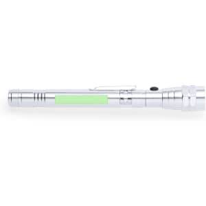 A sleek silver torch with a green accent, featuring a clip for attachment and a logo on the body.