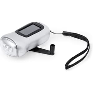 A silver torch with a solar panel, featuring a strap and a stand. The design includes three lights and a logo.