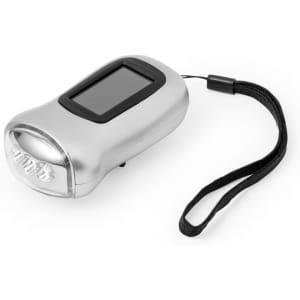 A silver torch with a black wrist strap and a digital display. The torch has multiple LED lights.