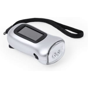 A silver torch with a black strap and a clear lens, featuring a small display panel.