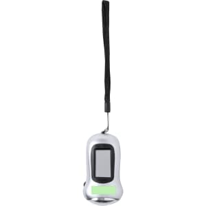 A silver torch keyring with a black strap, featuring a sleek design and a panel for branding.