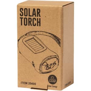 A cardboard box containing a solar torch, featuring an illustration and a logo. The box is simple and brown in colour.
