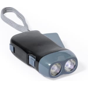 A grey and black torch with a strap, featuring two light bulbs and a switch on the side.