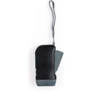 A compact black torch with a grey accent and a wrist strap for easy carrying.