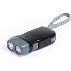 A black torch with a grey end, featuring two light bulbs and a wrist strap. It has buttons on the side and a logo.