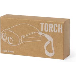 A brown cardboard box containing a torch with a strap, featuring a simple illustration on the front.