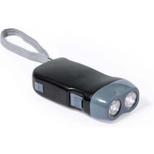 A black and grey torch with a textured grip and a wrist strap, featuring two light bulbs on the front.