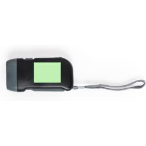 A black torch with a grey end and a wrist strap, featuring a blank green area for customisation.
