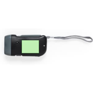 A black torch with a grey handle and a wrist strap, featuring a blank green area on the side.