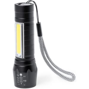 A portable black torch with a rectangular light panel and a wrist strap. It features various control settings.