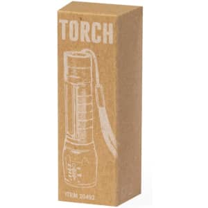 A cardboard box containing a torch, featuring a clear design illustration and a logo. The box is a light brown colour.