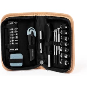 A compact tool set in a zippered case featuring various tools, including a screwdriver, sockets, and bits, in silver and black.