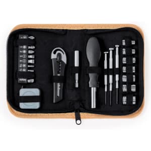 A compact tool set in a zippered case, featuring grey and black tools, including screwdrivers and sockets.