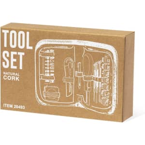 A tool set in a natural cork box, featuring various tools and a small logo. Brown and cork tones are predominant.
