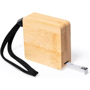 A bamboo tape measure with a black measuring tape and strap, designed for easy portability.