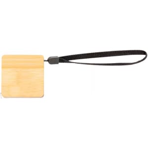 A bamboo keyring with a black strap, featuring a square design and a smooth finish.
