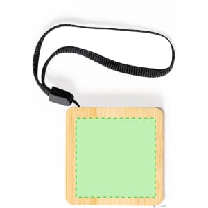 A square tape measure with a bamboo body, featuring a green measuring tape and a black wrist strap.