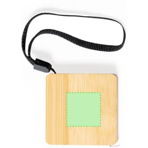 A bamboo tape measure with a green square section, accompanied by a black wrist strap. It features a logo.