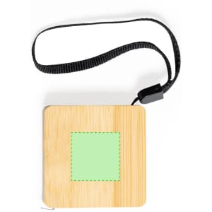 A square bamboo tape measure with a green square section and a black strap for easy carrying.