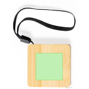 A bamboo tape measure with a green square and a black strap for easy carrying. It features a branding logo.