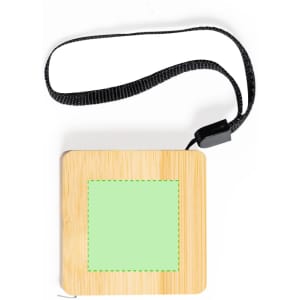 A bamboo tape measure with a square green section and a black strap for easy carrying. It features a logo.