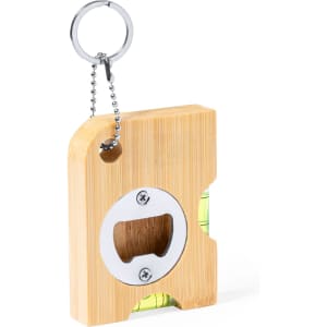 A drink bottle opener keyring in natural bamboo with a metal bottle opener and a keyring attachment.