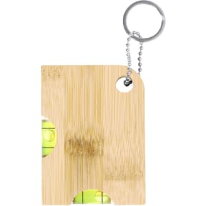 A drink bottle keyring featuring a bamboo design with an embedded level and a silver chain attachment.