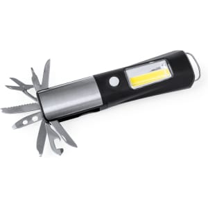 A black and silver multitool with various foldable tools and a built-in light. It features a logo on the side.
