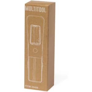 A multitool in a brown cardboard box featuring a clear view of the tool inside and a logo on the packaging.