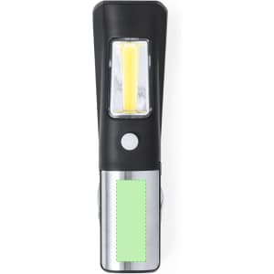 A black and silver multitool featuring a bright LED light and a green section, with a logo on the body.