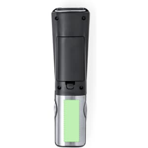 A black and silver multitool featuring a green section, designed as a keyring accessory. It has a logo.