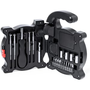 A black Hancuk Tool Set featuring various screwdrivers, sockets, and bits in a compact, organised case with a handle.