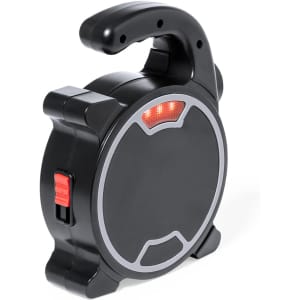 A black retractable tool set with a hook and LED indicator lights. The product has a compact design suitable for keyrings.