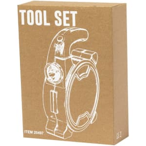 A brown cardboard box containing a tool set illustration, featuring a logo and tool design.