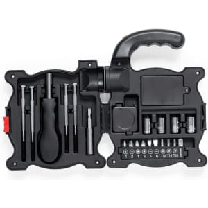 A black tool set featuring various screwdriver bits and a handle, enclosed in a compact case with a logo.
