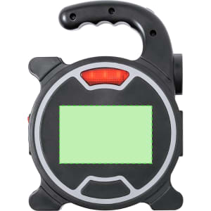 A tool set in black with a handle, featuring a flat surface and a red light on top. It includes branding elements.
