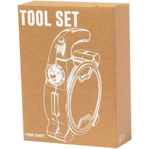 A brown cardboard box containing a tool set, featuring an illustration of the tools on the front and a logo.