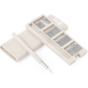 A tool set featuring a light grey case with a range of metal tools and a matching grey pen. Includes branding.