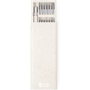 A tool set featuring a white case and various silver-coloured tools, packaged neatly and compactly.