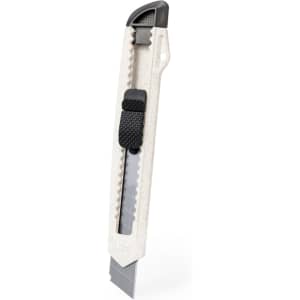 A white utility knife with a serrated blade and a black grip strap. It features a logo on the side.