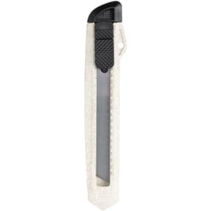 A white utility knife with a black retractable blade and grip, featuring a logo on the side.