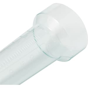 A clear plastic rain meter with measurement markings, featuring a wide opening and a rounded top.