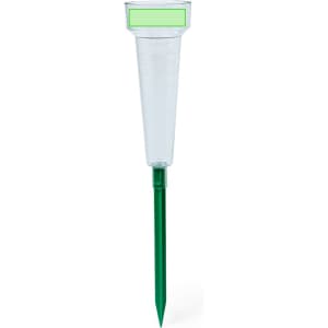 A clear plastic rain meter with a green stake for outdoor use, measuring rain collection in litres.
