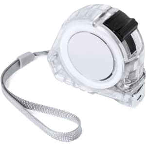 A clear tape measure with a black retractable mechanism and a grey wrist strap. Features a logo on the side.