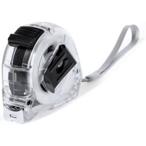 A clear plastic tape measure with a grey strap, featuring a black locking mechanism.