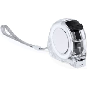 A clear plastic tape measure with a black retractable mechanism and a silver strap for easy carrying.